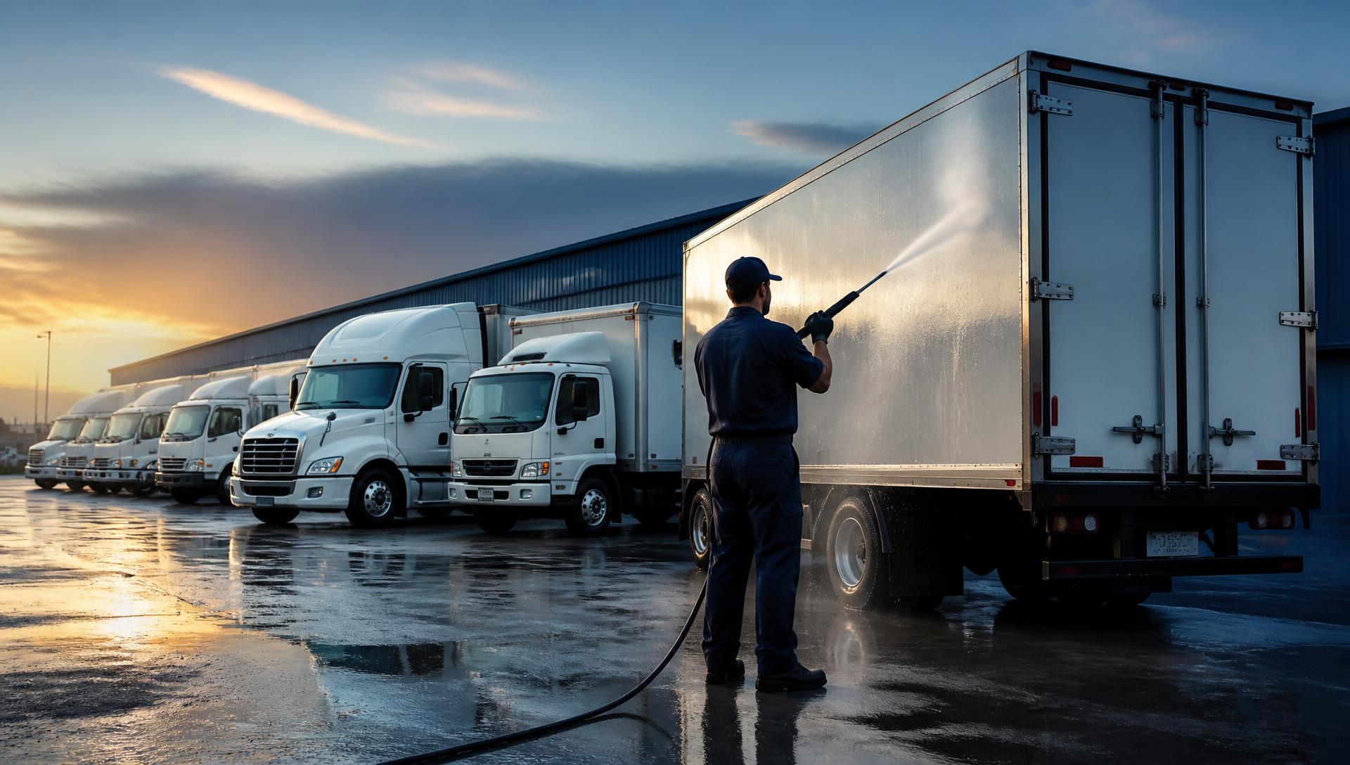 Worker pressure washing a commercial box truck beside a row of fleet trucks at a depot
